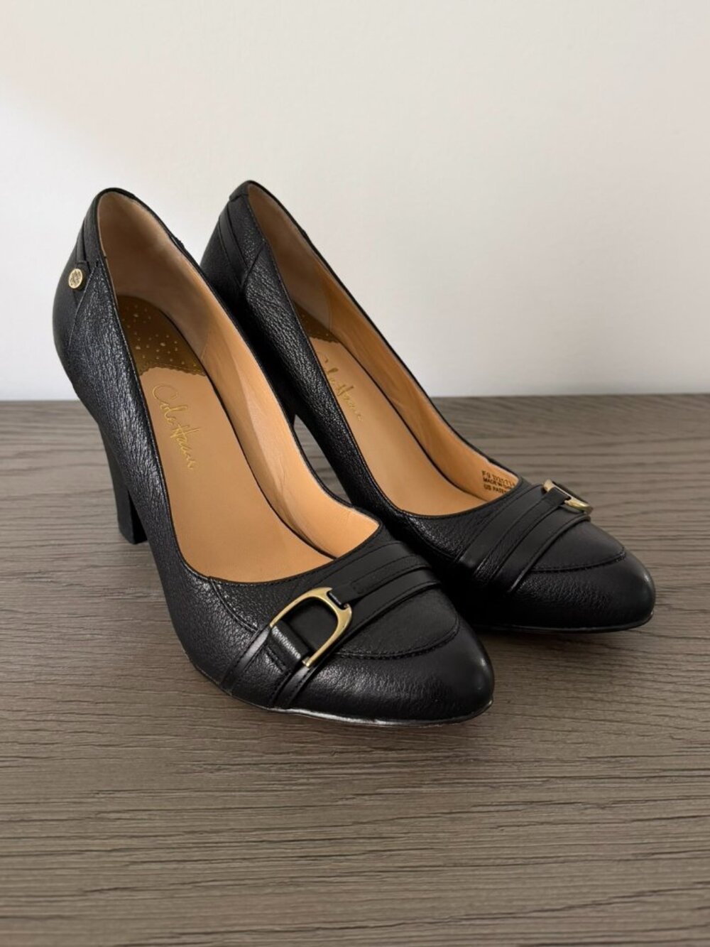 COLE HAAN Black Leather Pumps with Gold Detailing - Size 8